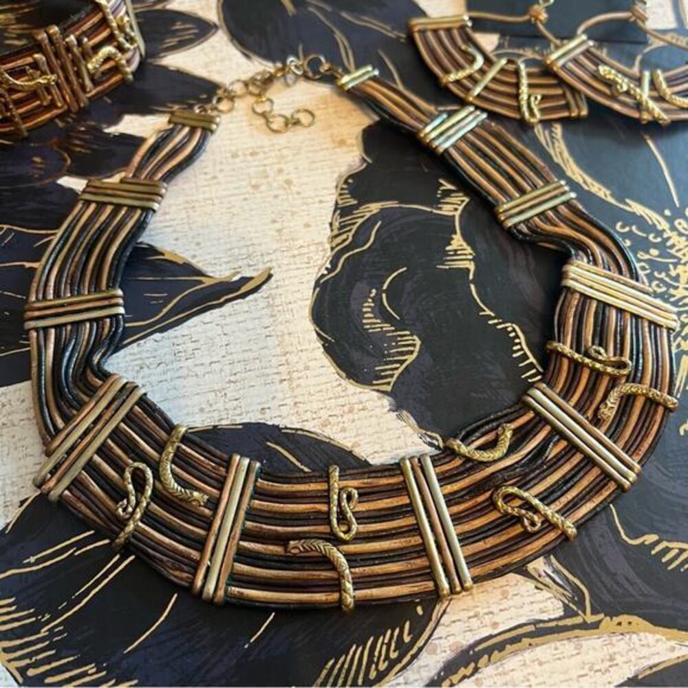 Vintage Tribal Mixed Metal Leather Egyptian Revival Necklace Jewelry Set C2